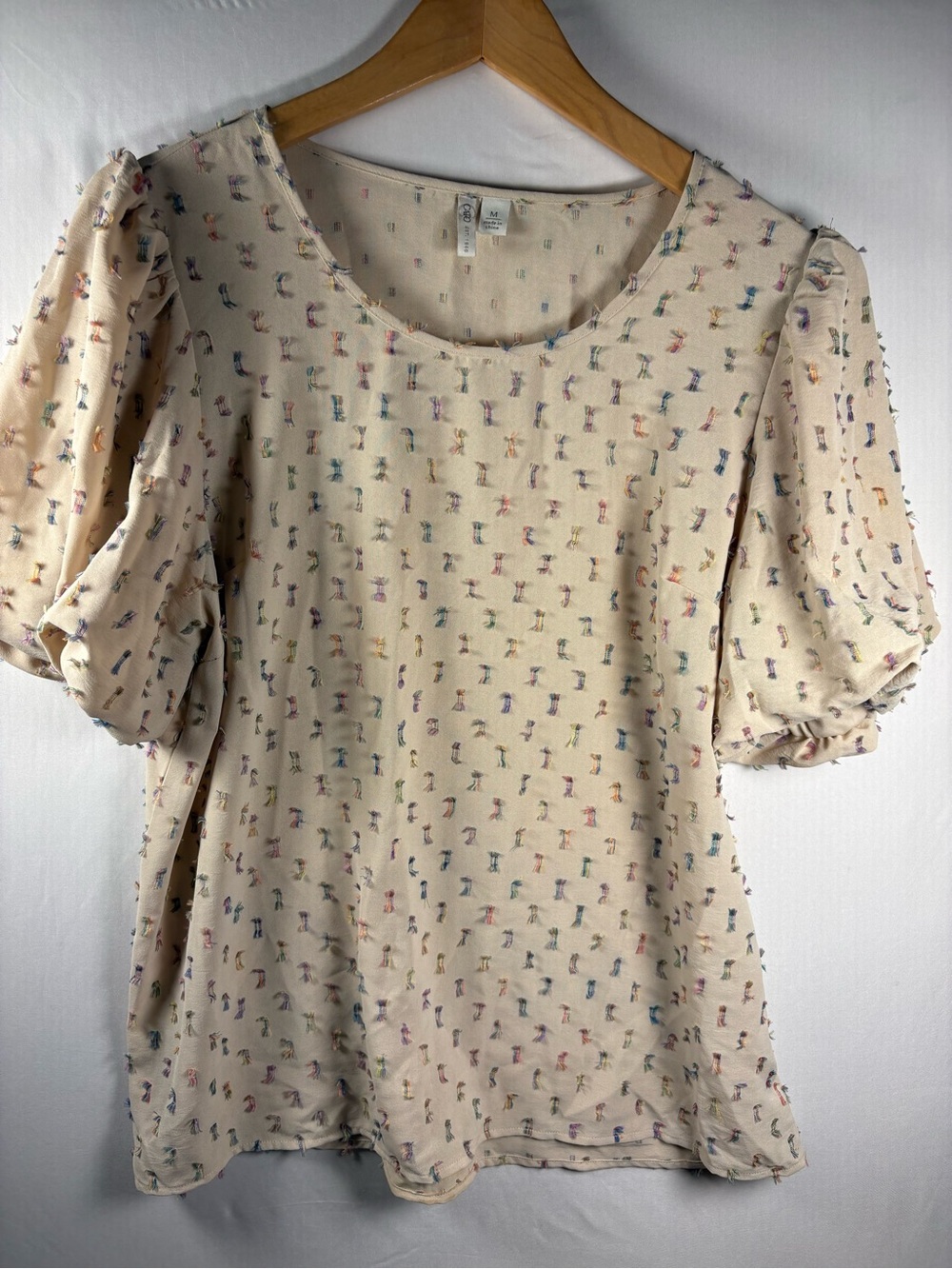 Cato Cream Blouse with Tiny Multicolor Print and Puff Sleeves